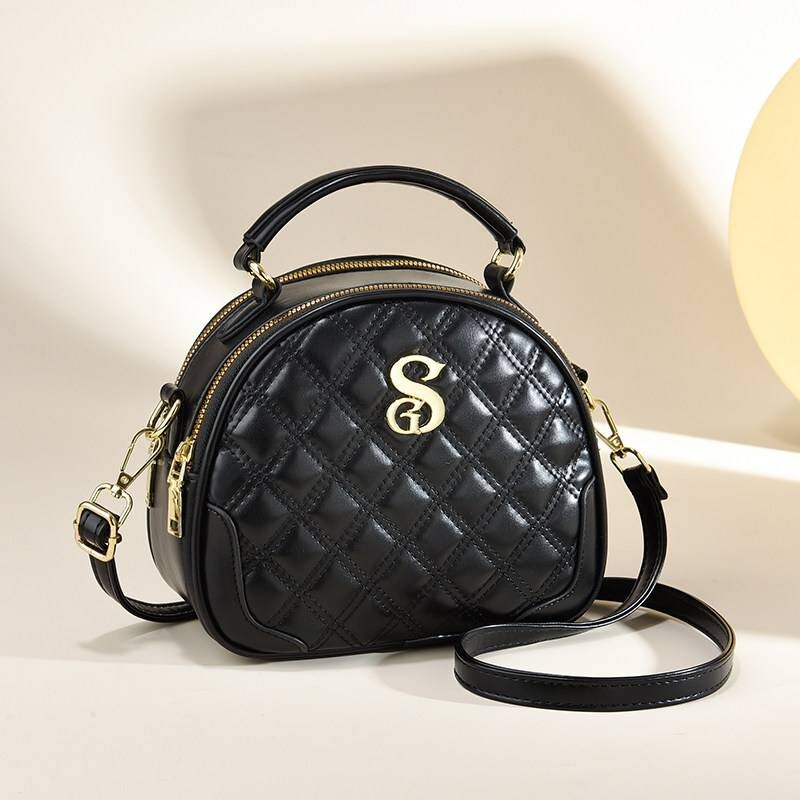 爱玛女仕日韩风格菱格单肩斜挎小圆包 米白色PU材质新款INS风女