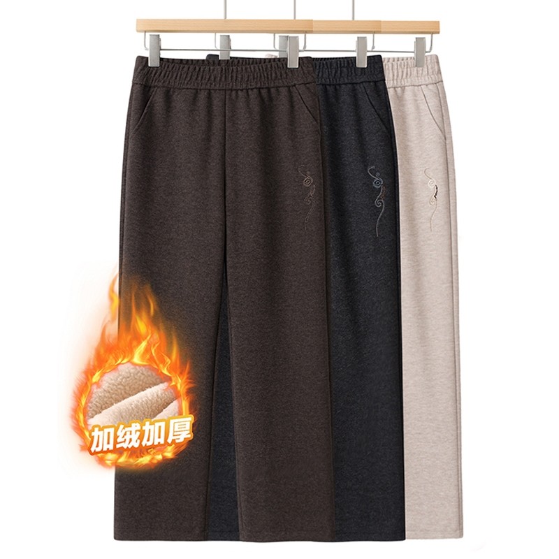 中老年人妈妈秋冬休闲裤加绒加厚呢子长裤老太太奶奶绣花宽松裤子