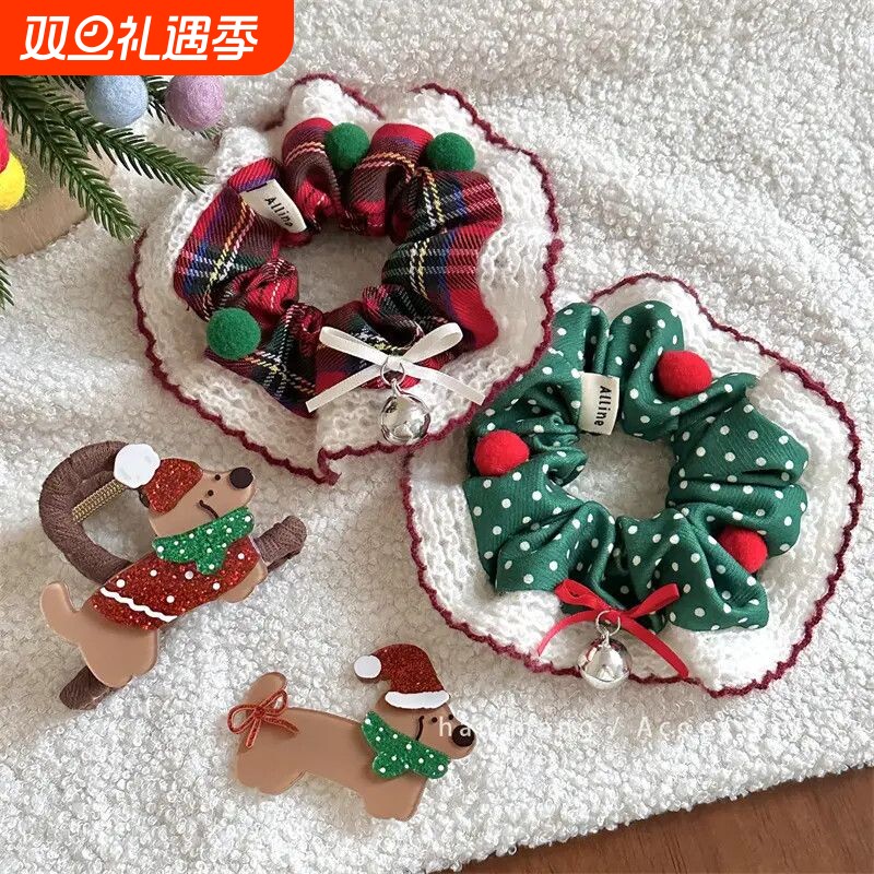 2025新款圣诞发圈红格子发箍鸭夹格子大肠圈韩系发饰女波点蝴蝶结