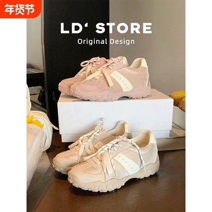 真皮~7cm内增高小个子厚底银色德训鞋女2025春新款休闲运动阿甘鞋