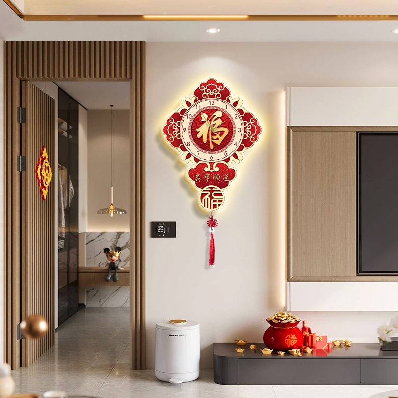 新中式客厅福字钟表装饰画中国风电视墙挂钟灯画中国结时钟墙挂表