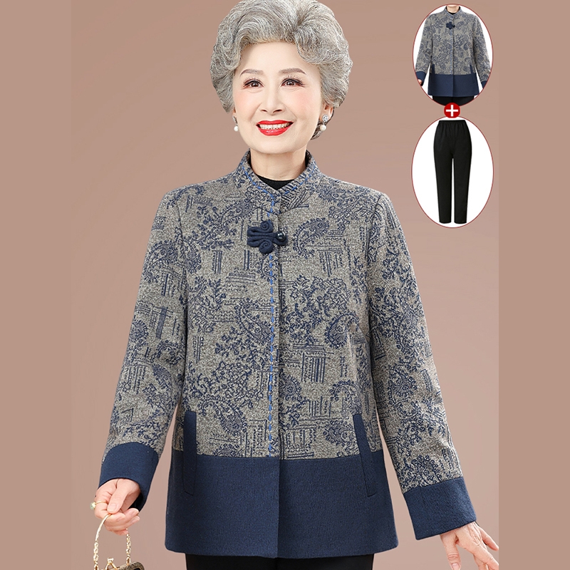 中老年人春秋外套妈妈60岁70老人冬装复古高档衣服女红色蓝色舒适