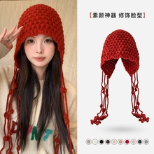 新年红色帽子女秋冬款保暖毛线流苏甜美可爱套头帽手工针织护耳帽