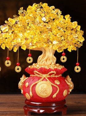 黄水晶摇钱树招财摆件客