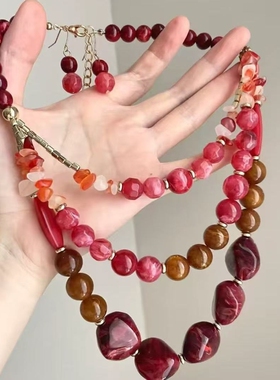 欧美红色不规则串珠项链女夸张个性百搭毛衣链高级感长款颈链配饰