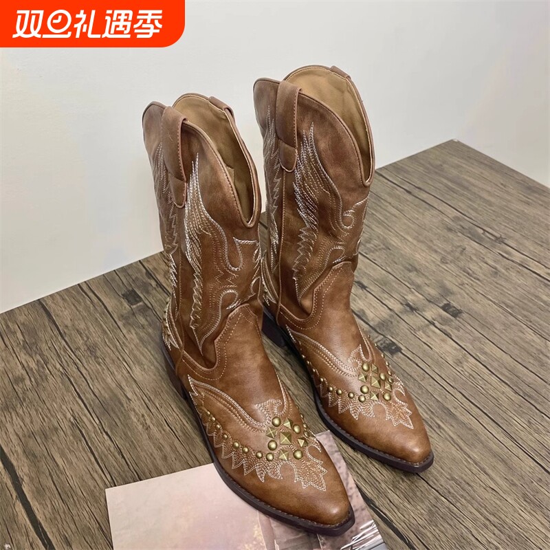 百搭刺绣骑士靴尖头牛仔靴中筒靴