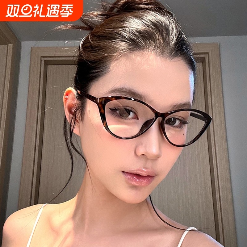 玳瑁色猫眼眼镜近视女款度数可配素颜神器豹纹装饰方圆脸镜框镜片