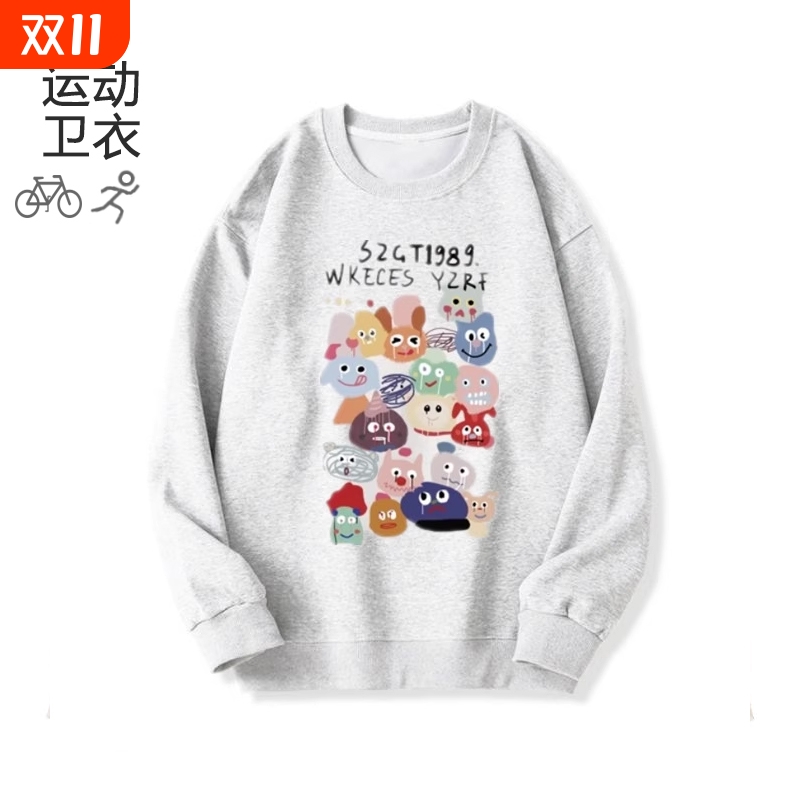 美式慵懒风宽松圆领运动卫衣女趣味卡通印花秋冬加厚加绒重磅上衣