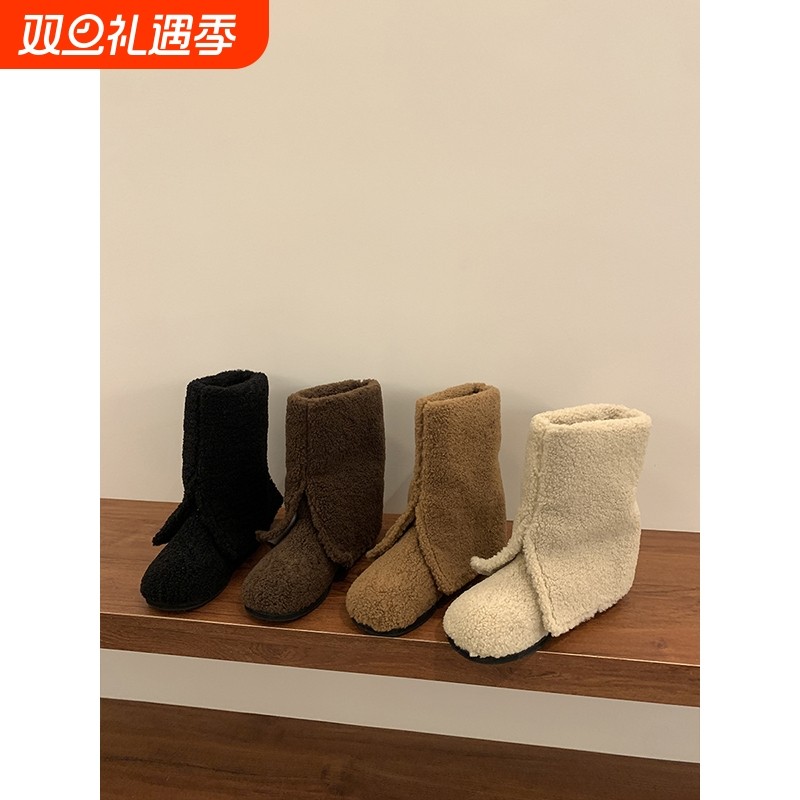 网红圆头开叉羊羔毛毛内增高雪地靴2025冬季新款时尚短靴保暖棉鞋