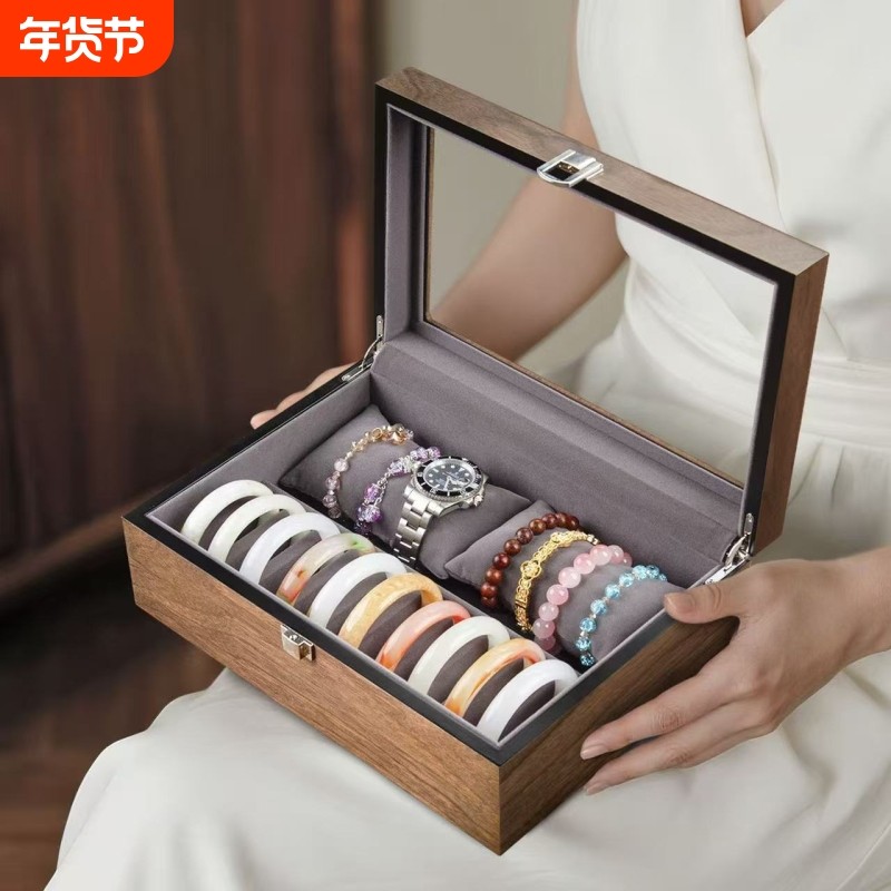 白蜡木手镯收纳盒带锁家用黄金翡翠玉镯手串防尘整理展示收藏盒子