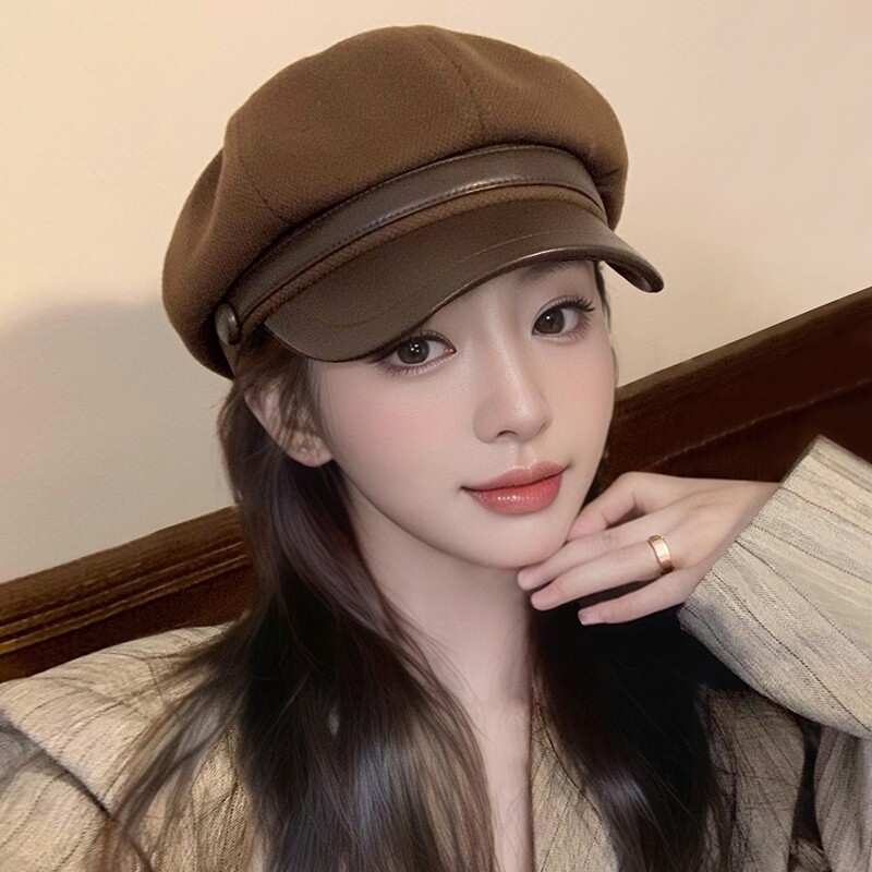 高级感美拉德贝雷帽女款2025新款秋冬鸭舌八角帽显脸小画家帽黑色