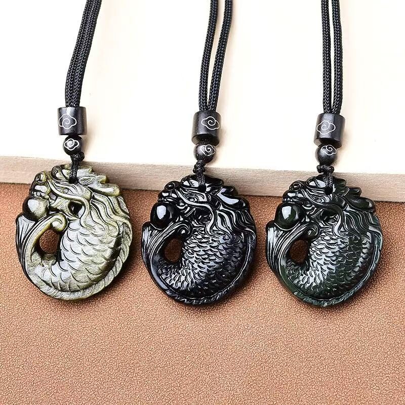 lisv天然黑曜石吊坠龙鱼项链金耀石彩虹眼鱼化龙金曜石