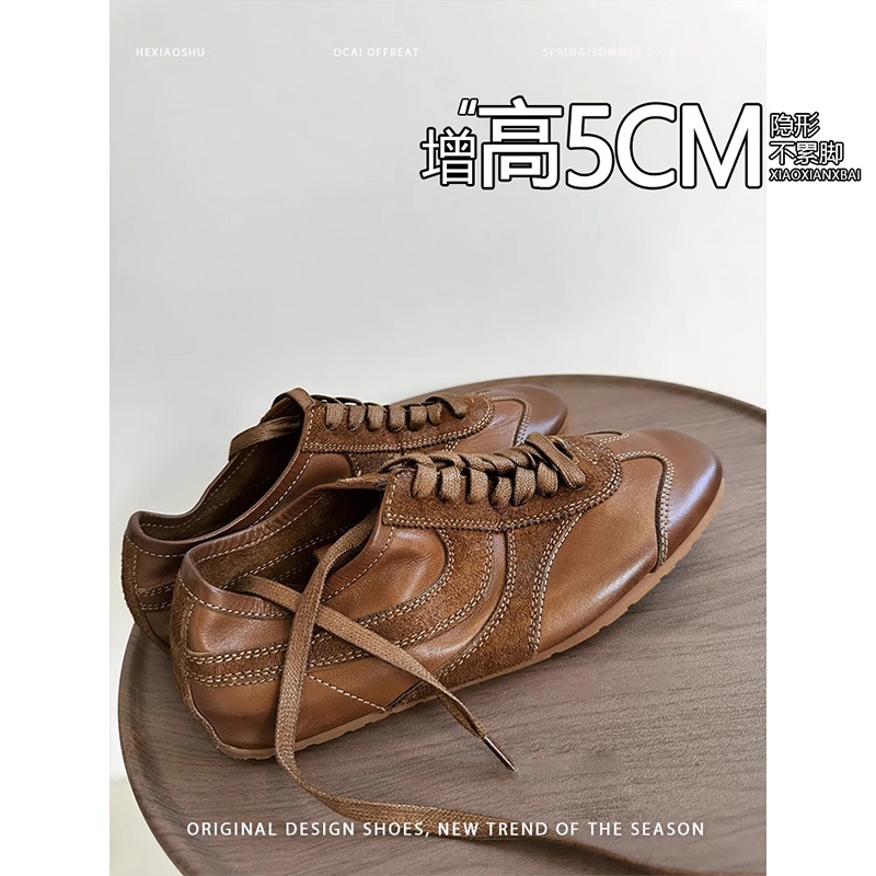 羊皮版~内增高马皮棕色百搭运动单鞋新款复古秋季德训鞋方头隐形