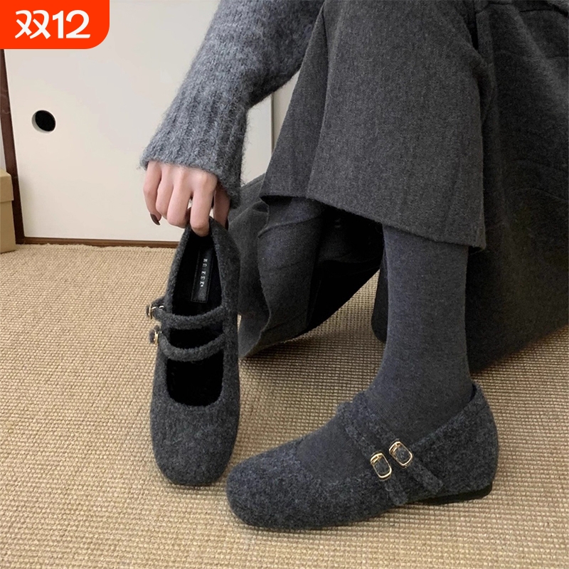 内增高玛丽珍毛毛鞋女冬外穿新款法式灰色呢子单鞋女厚底加绒棉鞋