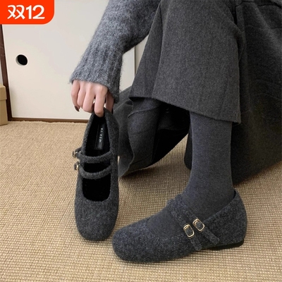 内增高玛丽珍毛毛鞋女冬外穿新款法式灰色呢子单鞋女厚底加绒棉鞋