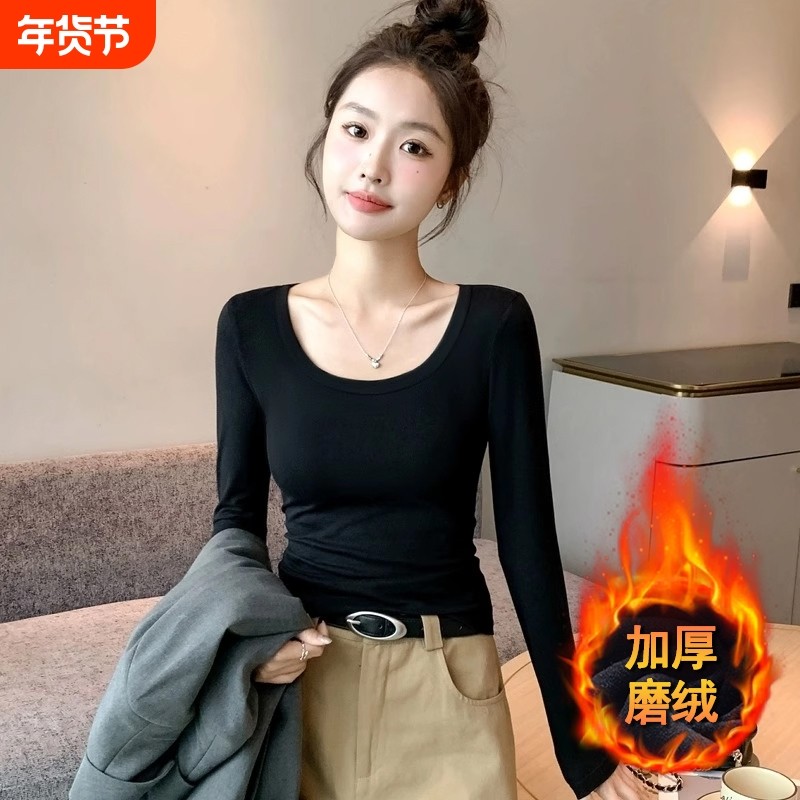 黑色圆领加厚保暖打底衫女内搭秋冬新款低领紧身双面磨毛长袖上衣