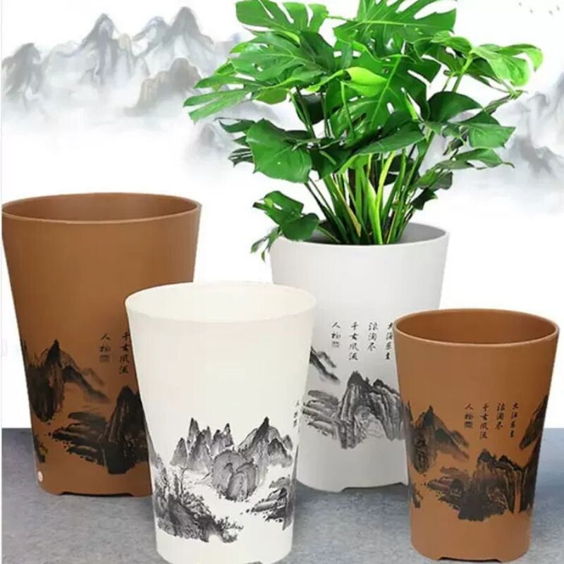仿陶瓷山水塑料树脂花盆绿植盆栽客厅高档大花盆特大号托盘桌面