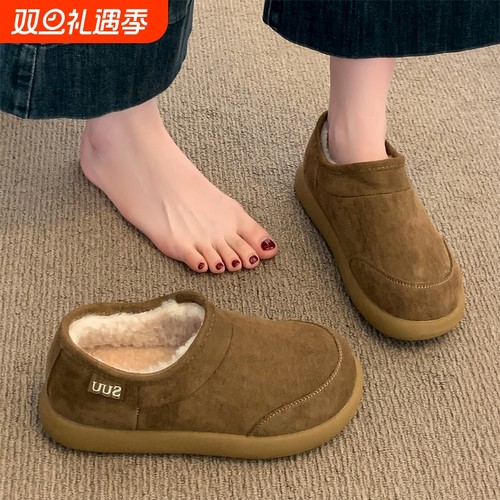 小土豆加绒勃肯鞋女2025冬季新款一脚蹬保暖雪地靴棉鞋子毛绒平底