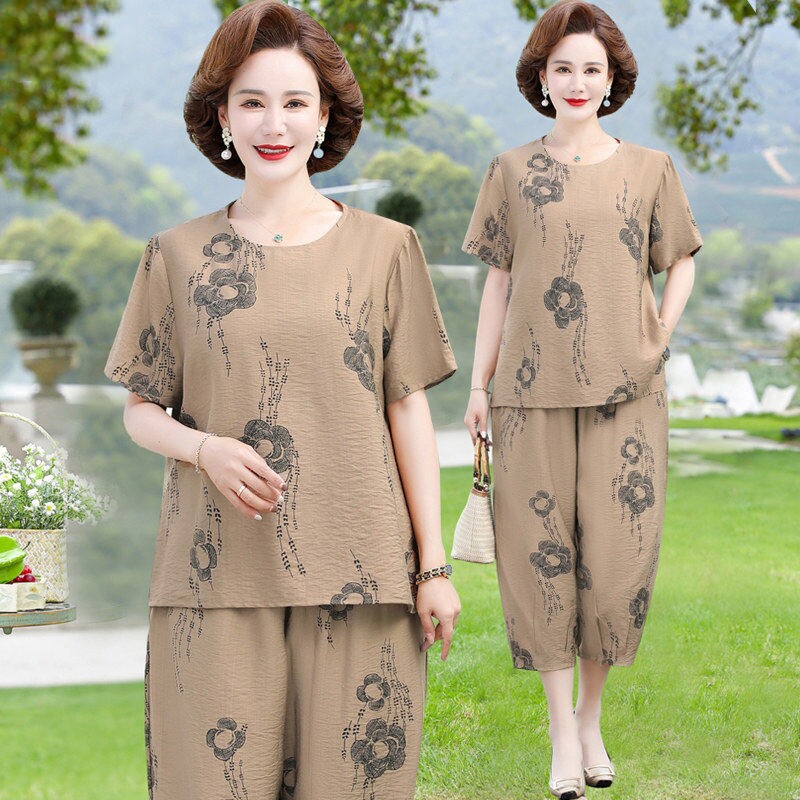 中老年人女夏装棉麻套装洋气新款60岁妈妈夏季老太太两件套薄款
