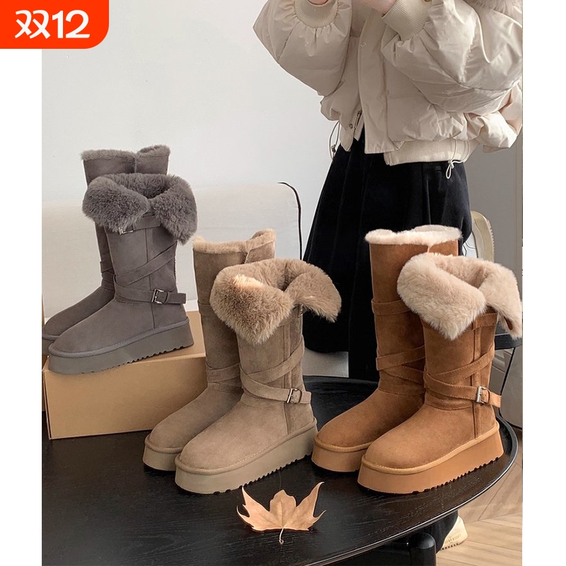 厚底雪地靴女2025新款冬季加绒灰色长筒毛毛靴两穿保暖棉鞋女靴子
