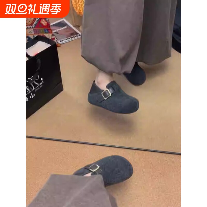 内增高5cm两穿毛呢勃肯鞋女冬季新款百搭加绒保暖一脚蹬厚底棉鞋