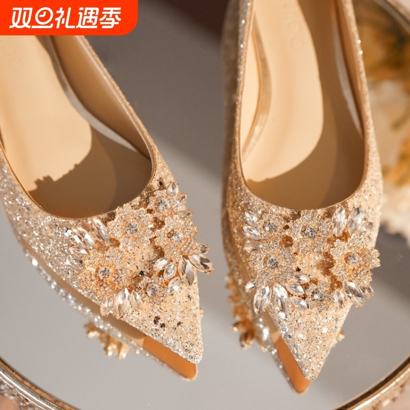 法式婚鞋女2024年新款秋季禾秀婚纱两穿不累脚高跟鞋香槟色新娘鞋