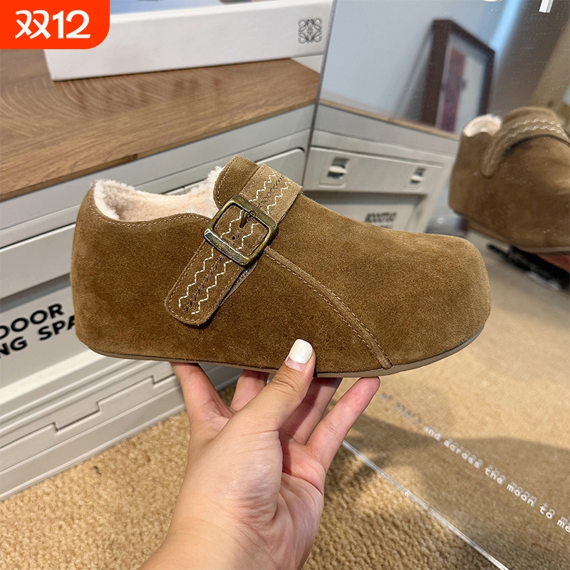 真皮厚底勃肯鞋女2025秋冬新款磨砂软皮加绒保暖棉鞋毛绒内增高