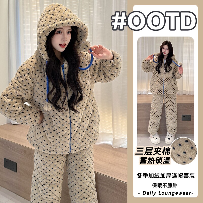 2025新款高级奶茶色冬季睡衣女款珊瑚绒三层夹棉法兰绒家居服外穿