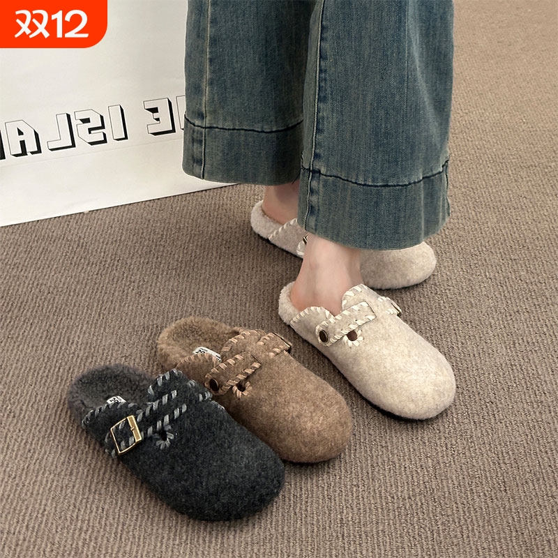 毛呢加绒勃肯鞋包头半拖鞋女外穿2025秋冬新款一脚蹬厚底毛毡棉拖