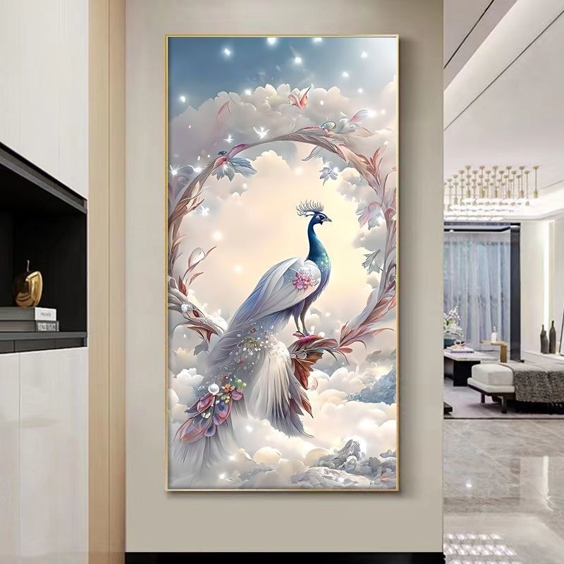 新中式孔雀入户玄关装饰画走廊过道竖版画镶钻现代高档装饰画