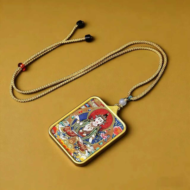 西藏普贤菩萨属龙大黑天随身小唐卡吊坠黄财神绿度母项链