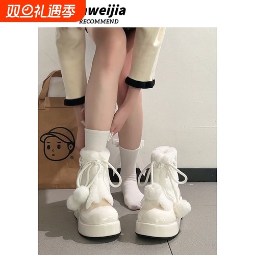 原创可爱lolita雪地靴女2025新款冬季加绒加厚保暖短靴厚底棉鞋子