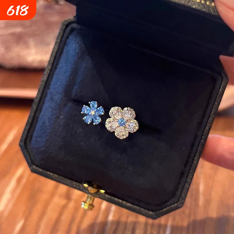 韩系双生花满钻镶嵌戒指精致爆闪时尚戒指指环手饰品开口可调节
