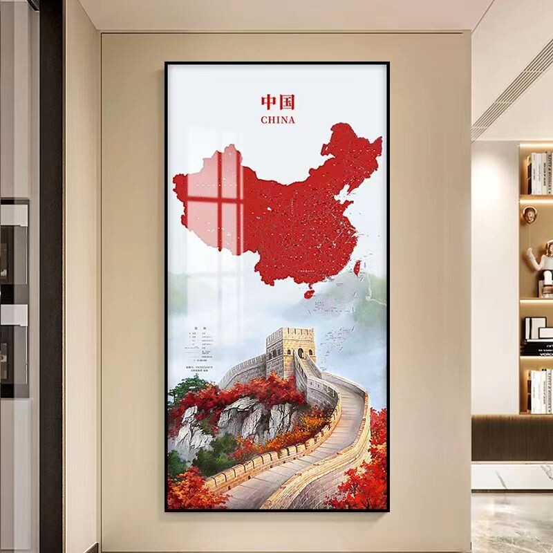 入户门轻奢玄关装饰画中国地图挂画新中式万里长城办公室山水画
