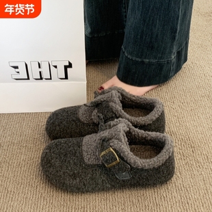 爆款勃肯鞋女2025秋冬季新款内增高加绒豆豆鞋毛毛棉鞋子灰色毛绒