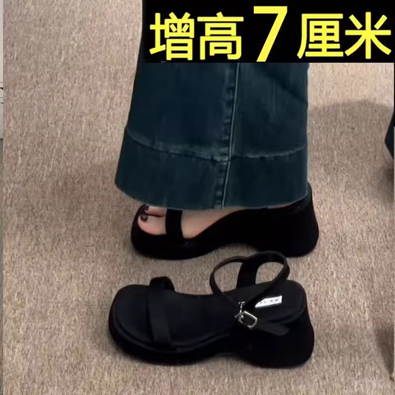 厚底坡跟凉鞋女款2025新款夏季外穿配裙子黑色增高跟沙滩罗马凉鞋