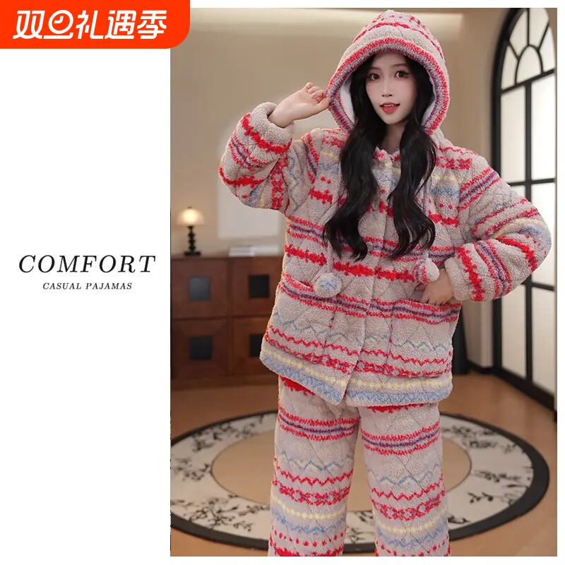 睡衣女款2025新款冬高级感三层夹棉加厚保暖珊瑚绒女士条纹家居服
