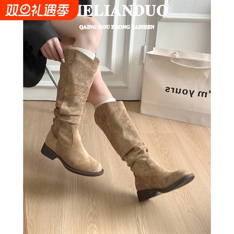 堆堆长靴女款2025新款棕色美拉德西部牛仔长筒靴子女靴高筒骑士靴
