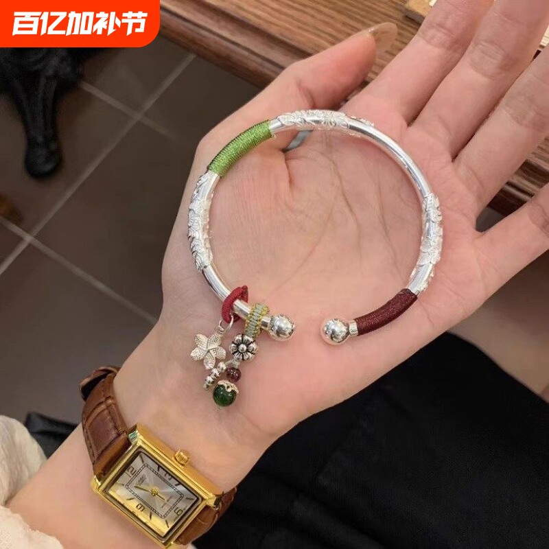 幂琳2026新款开口纯银手镯女s999足银镯子实心南瓜推拉光面竹节