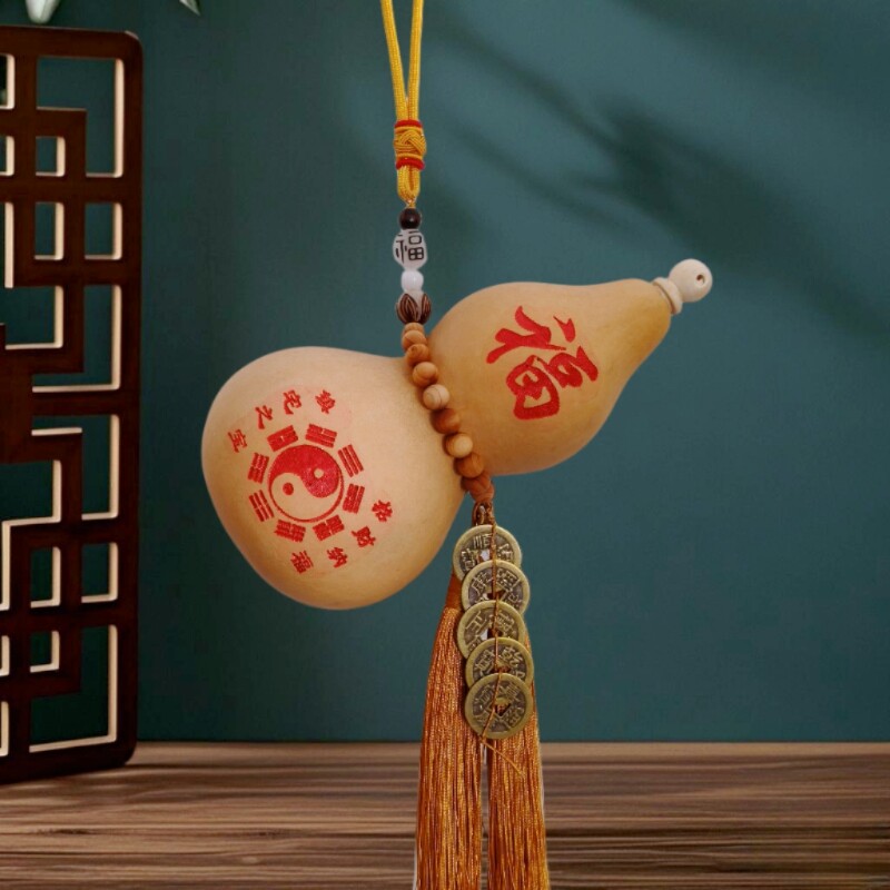 天然开口葫芦挂件中国结门对门客厅摆件大号真葫芦招财五帝钱手工