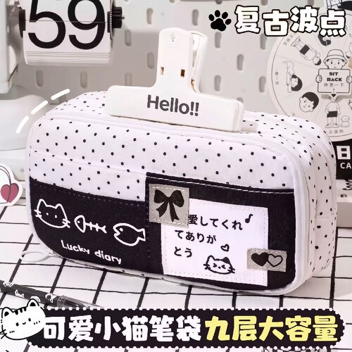 黑白波点小猫超大容量笔袋