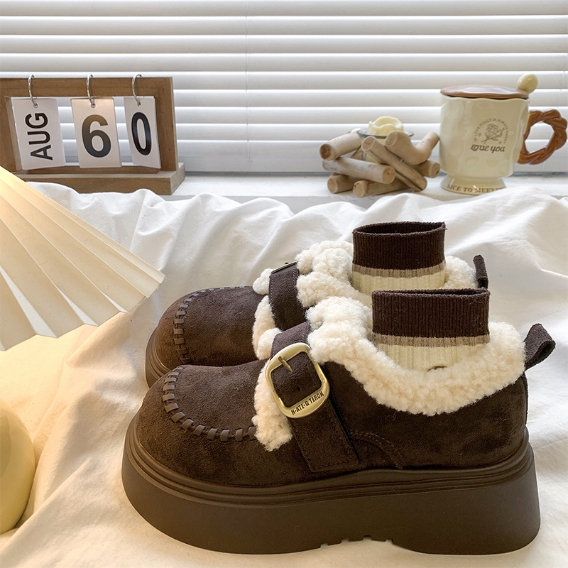 厚底加绒乐福棉鞋女2025秋冬新款保暖毛毛雪地靴复古英伦风小皮鞋
