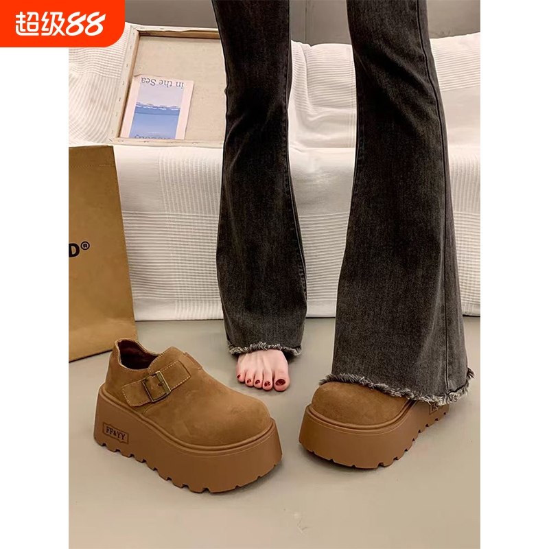 勃肯鞋女2025新款秋冬季复古百搭加绒厚底增高乐福棉鞋小个子松糕