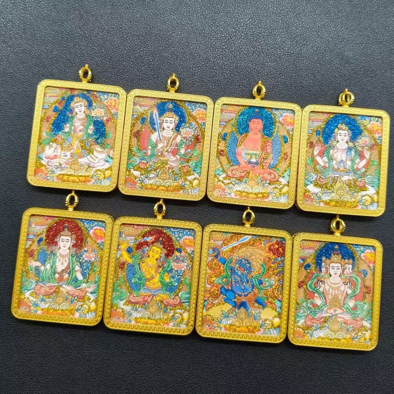 彩金半手绘八大守护神唐卡十二生肖吊坠千手观音文殊菩萨佛牌项链