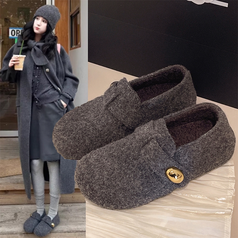 灰色毛呢全包勃肯鞋加绒2025新款秋冬豆豆鞋玛丽珍毛毛二棉鞋鞋子