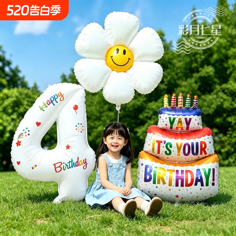 彩色三层生日蛋糕铝膜数字气球儿童生日派对装饰布置气球拍照韩风