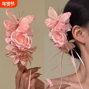 2025原创【樱粉蝶翩】唯美气质花朵发夹粉色蝴蝶抓夹氛围感发饰