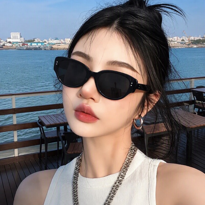 复古猫眼户外墨镜女防晒高级感新款椭圆近视偏光黑色太阳眼镜圆脸