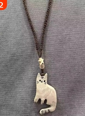 复古米灰色小猫项链2025新款秋冬小众设计毛衣链棕色手编绳锁骨链