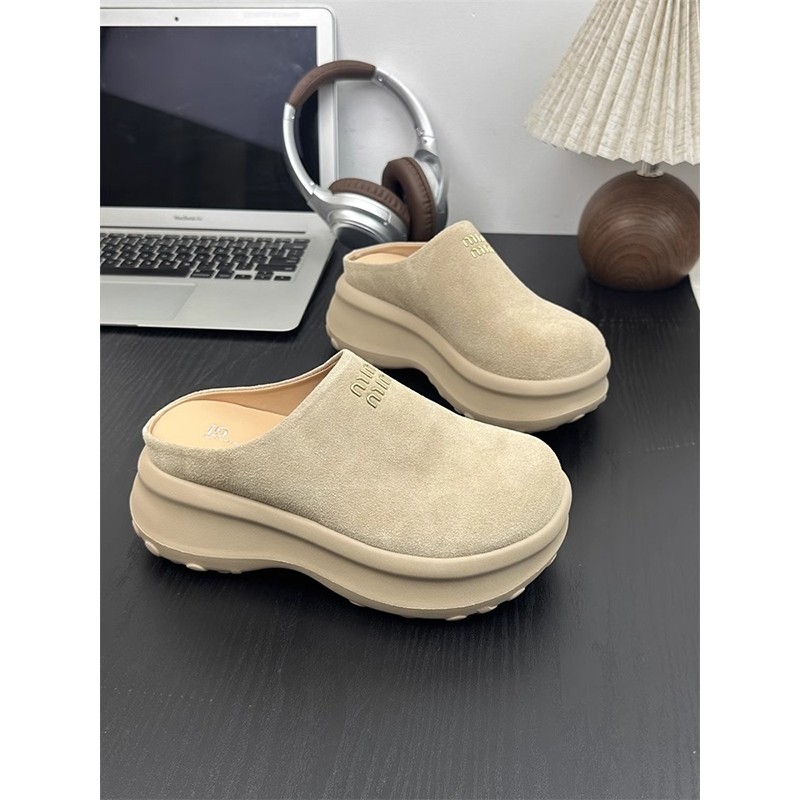 真皮厚底增高浅口单鞋半拖鞋女2025新款潮一脚蹬懒人拖圆头防滑